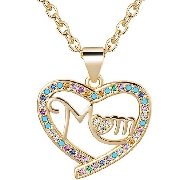 New Dainty Gold Heart Mom Necklace with Cubic Zirconia - Picture 1 of 7